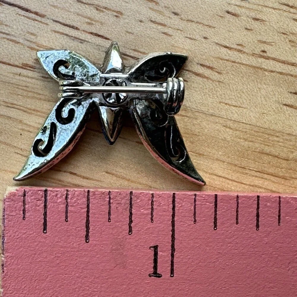 Vintage 1980s Brooch Pin 1.25 Inch Butterfly Black Onyx Silver‎ Filigree Y2K